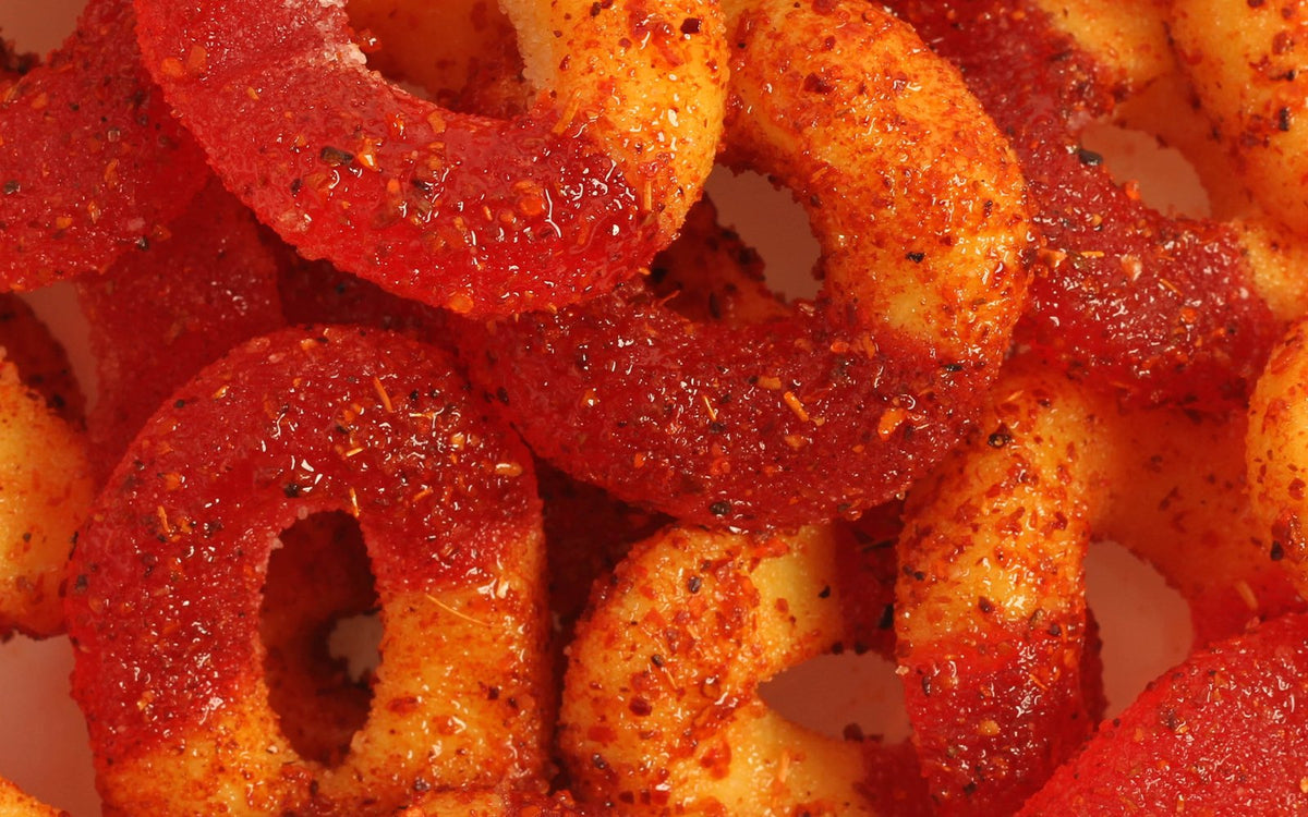 Close-up of chili-and-chamoy coated Spicy Peach Rings