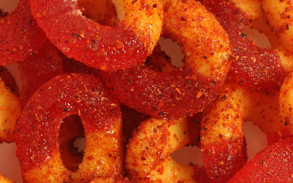 Close-up of chili-and-chamoy coated Spicy Peach Rings