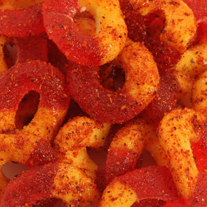 Chilli Bomba Spicy Peach Rings, chili chamoy candy hand-made in LA
