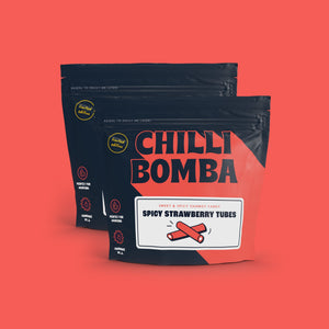 Chilli Bomba Spicy Strawberry Tubes, chili chamoy candy hand-made in LA