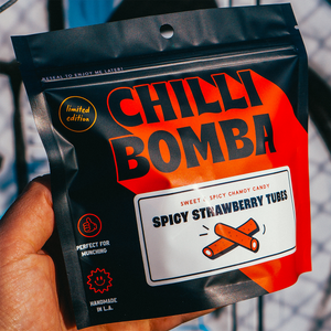 Chilli Bomba Spicy Strawberry Tubes, chili chamoy candy hand-made in LA
