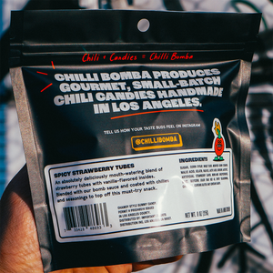 Chilli Bomba Spicy Strawberry Tubes, chili chamoy candy hand-made in LA