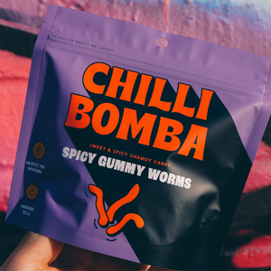 Chilli Bomba Spicy Gummy Worms, chili chamoy candy hand-made in LA