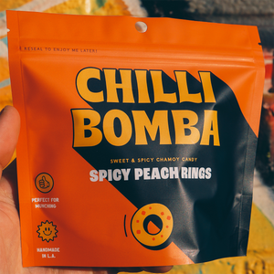 Chilli Bomba Spicy Peach Rings, chili chamoy candy hand-made in LA