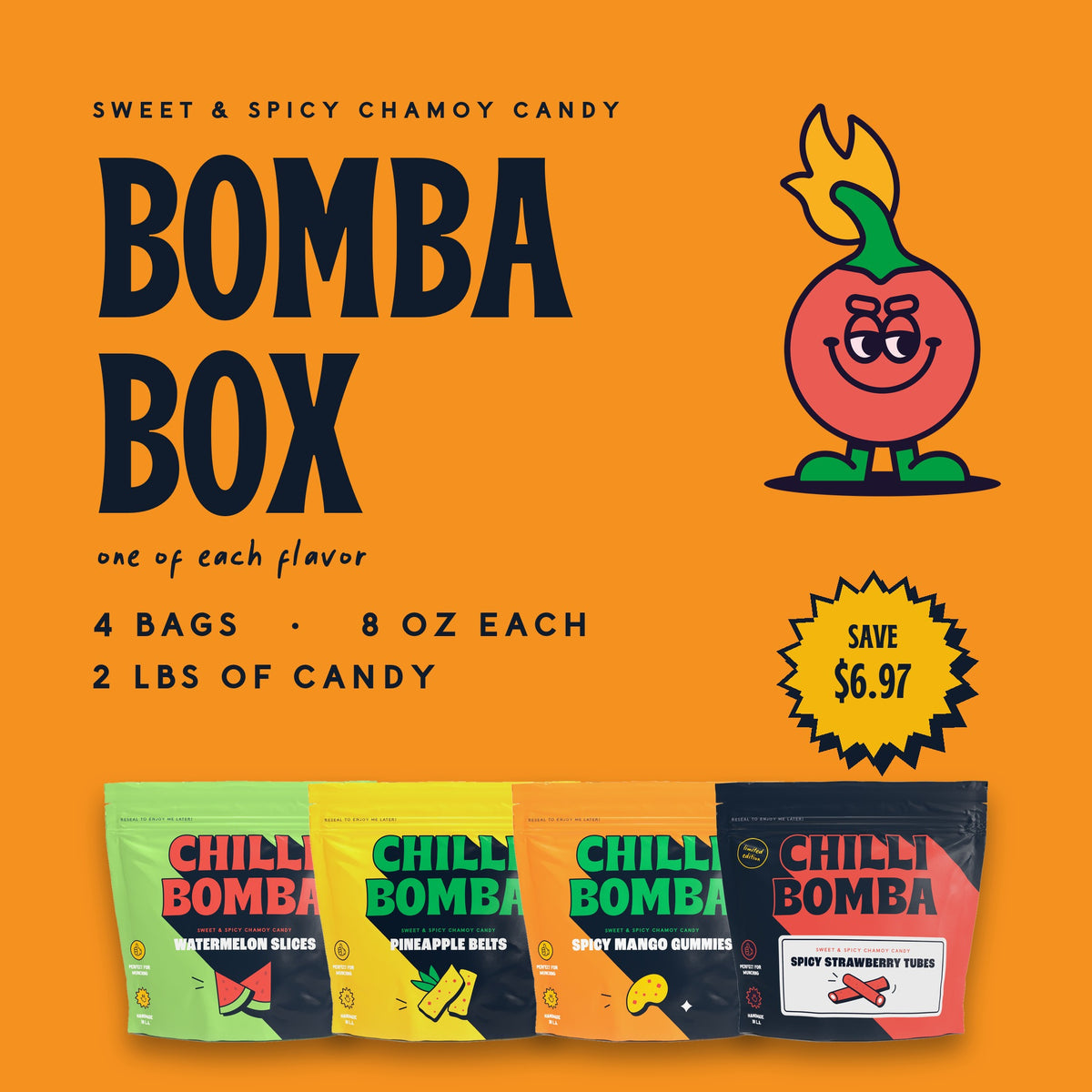Chilli Bomba Bomba Box - four 8 oz bags of sweet and spicy chamoy candy: watermelon slices, pineapple belts, spicy mango gummies and spicy strawberry tubes, 2 lbs total